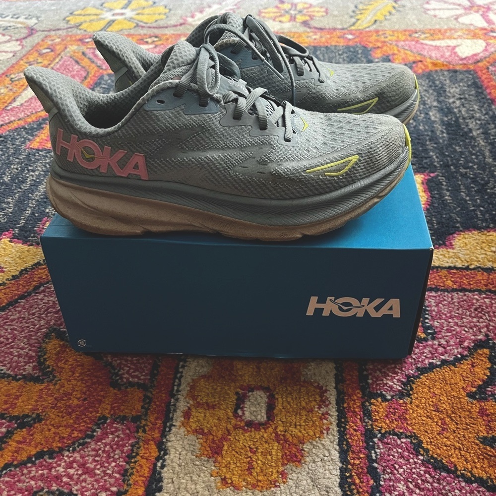 Hoka Clifton 9 Sneakers with Pink and Yellow Accents